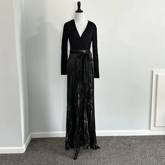 dvf metallic wrap dress DVF Diane Von Furstenberg Black Metallic Wrap Dress S